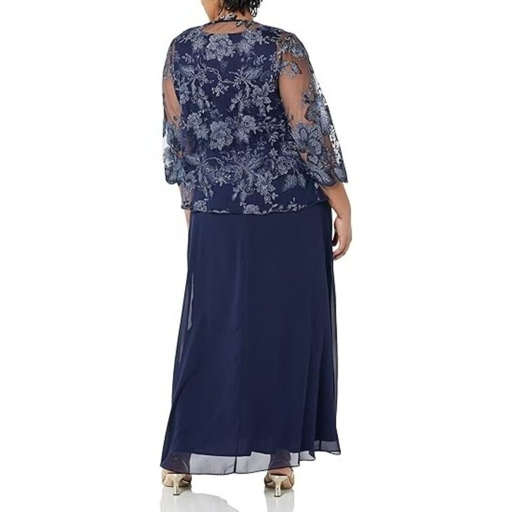 Alex Evenings Plus Size Embroidered Floral Navy Blue 2 piece Dress Size 18W - Picture 8 of 8